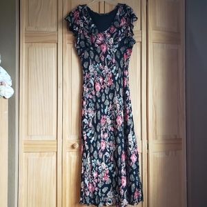 Lola P Pink & Black Floral Print Ruffled Dress